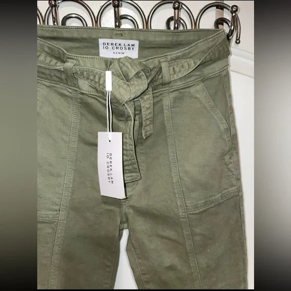 New! Derek Lam 10 Crosby Dean Utility Flare Olive Green Tie Waist Jeans 💚27 NWT! - Picture 15 of 15
